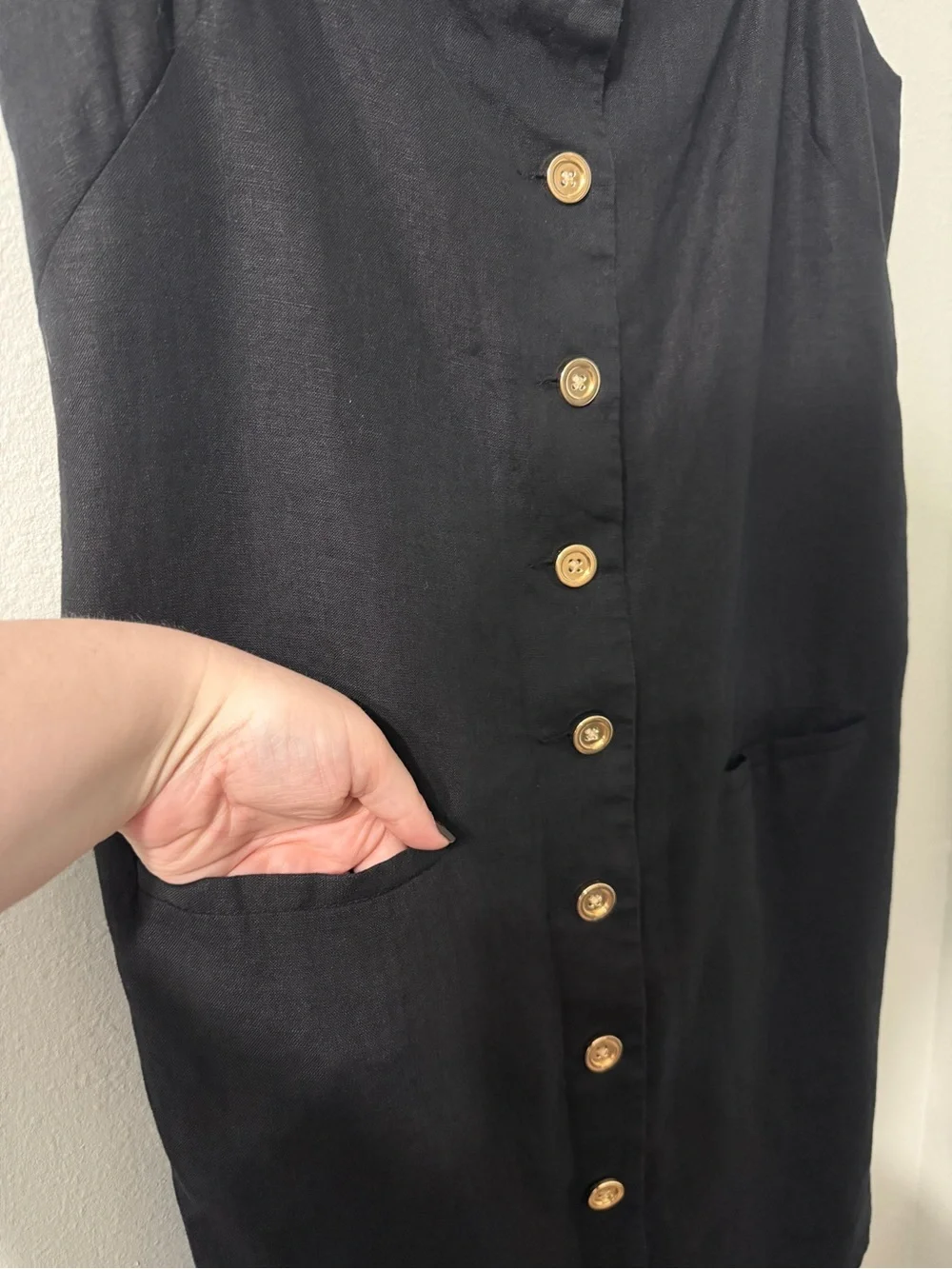 J. Crew 100% Linen Black Gold Button Front Spaghetti Strap Dress Lined M Tall